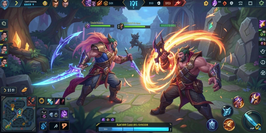 Screenshot gameplay KAKWIN dengan pertarungan seru antar hero.