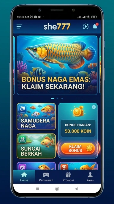 Tampilan antarmuka aplikasi she777 yang sederhana dan intuitif.